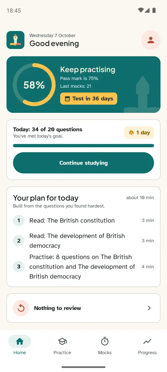 App home screen showing a 58% readiness score, today's goal and a study plan